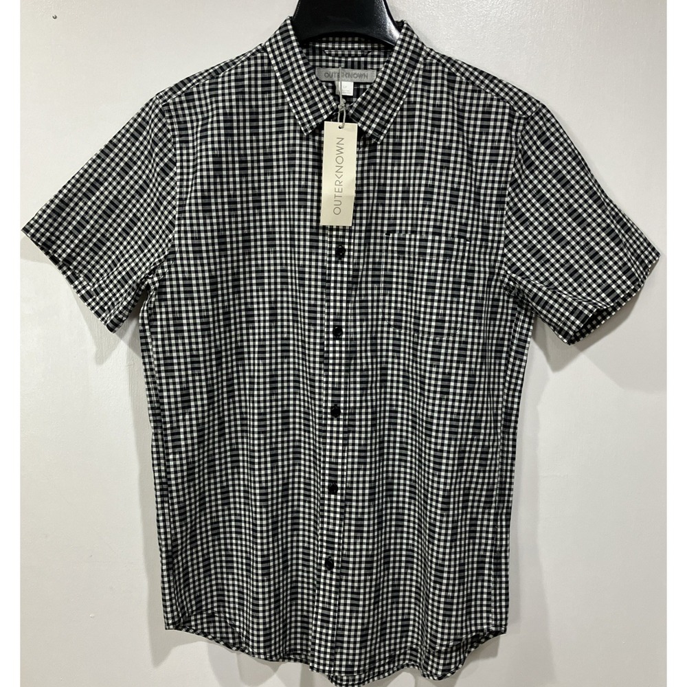 Outerknown Black White Gingham Check Button Up S/S Shirt Mens SMALL NWT